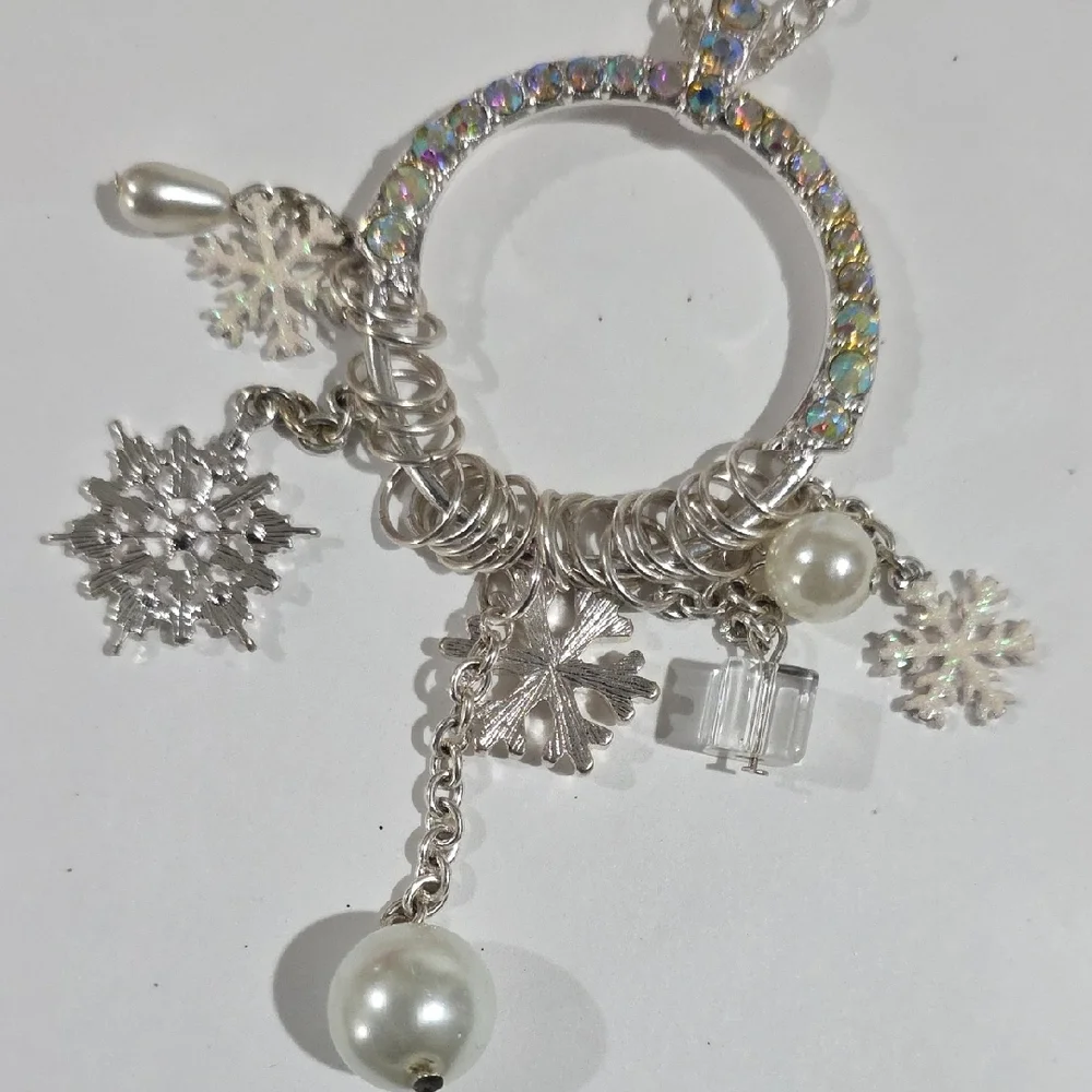 Silver Pendant Necklace – Iridescent Halo Circle - Snowflake, Pearl & Gift Charm
